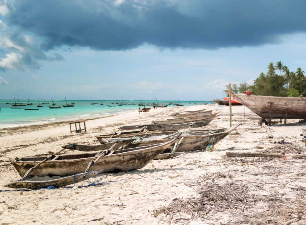 landscape with fishing boats on the shore zanzibar